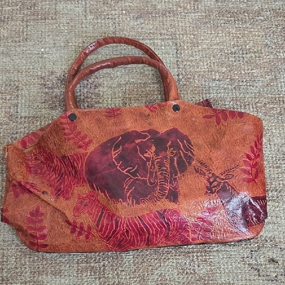 Leather Crafted with Red Elephant Design and 2 Clutch/ Pouches